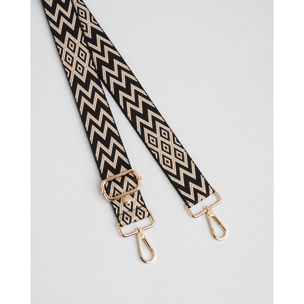 Pom Pom London Bag Strap Black and Stone Zig Zag Woven Gold Hardware